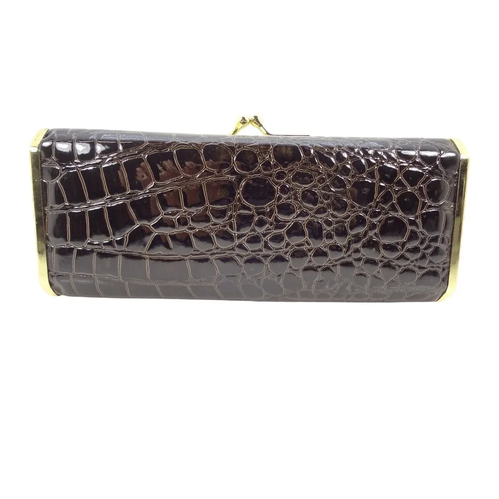 Sasha Black Faux Croc Patent Box Clutch‎ Gold Chain Evening Bag Handbag